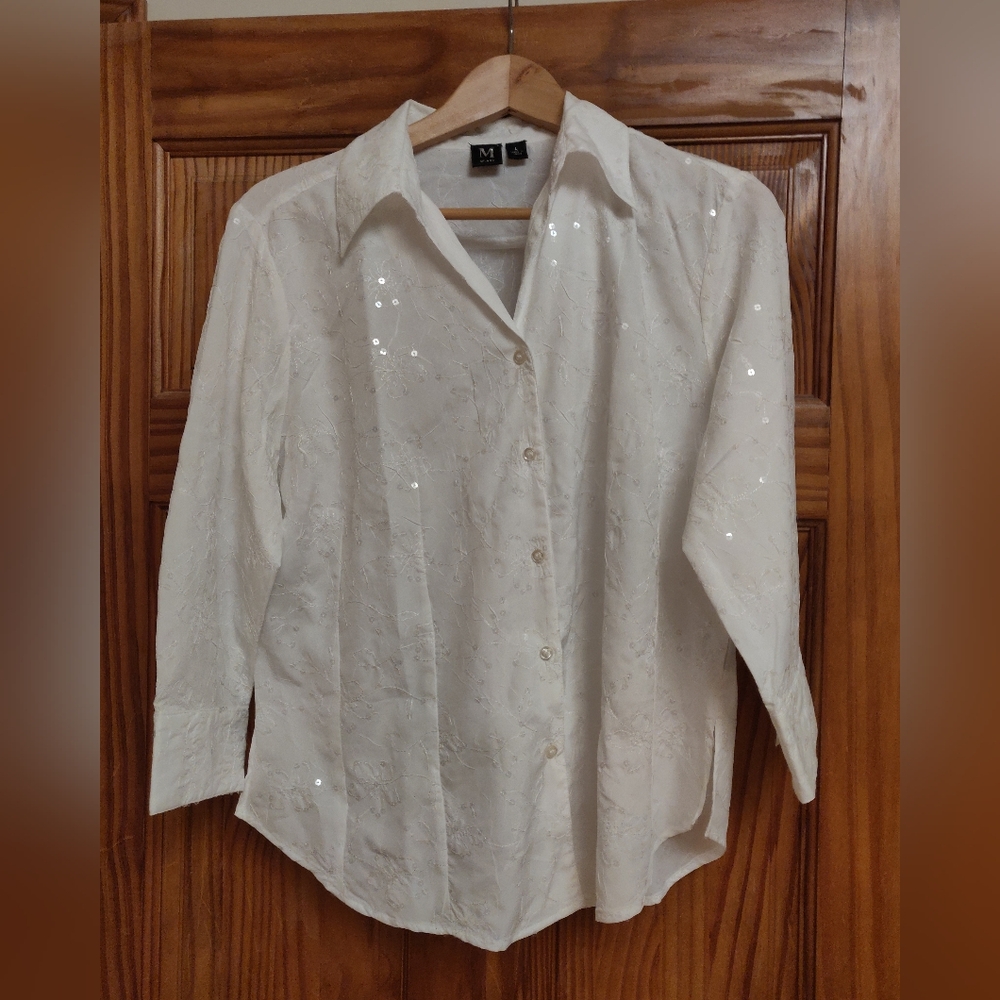 Milano White Sequin-Detail Button Down Shirt